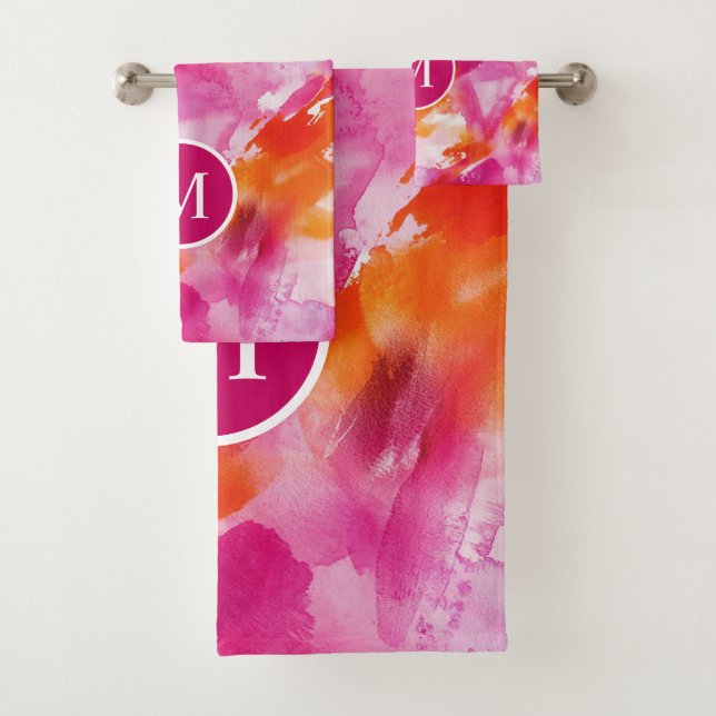 Monogram Watercolor Pink Orange Abstract Bath Towel Set (Insitu)