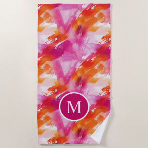 Monogram Watercolor Pink Orange Abstract Beach Towel