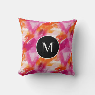 Monogram Watercolor Pink Orange Abstract Cushion