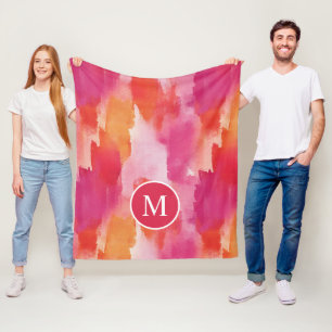 Monogram Watercolor Pink Orange Abstract Fleece Blanket