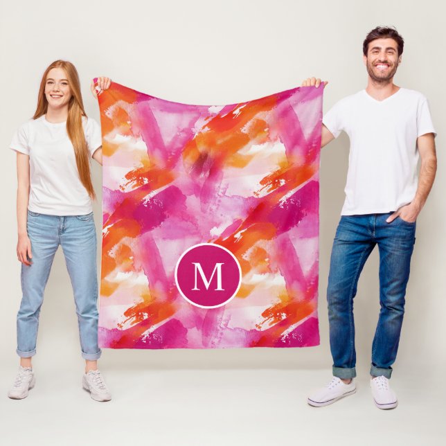 Monogram Watercolor Pink Orange Abstract Fleece Blanket (In Situ)