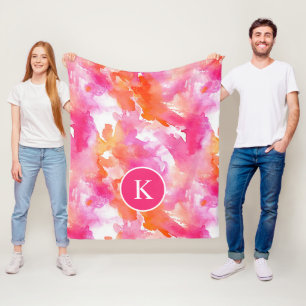 Monogram Watercolor Pink Orange Abstract Fleece Blanket