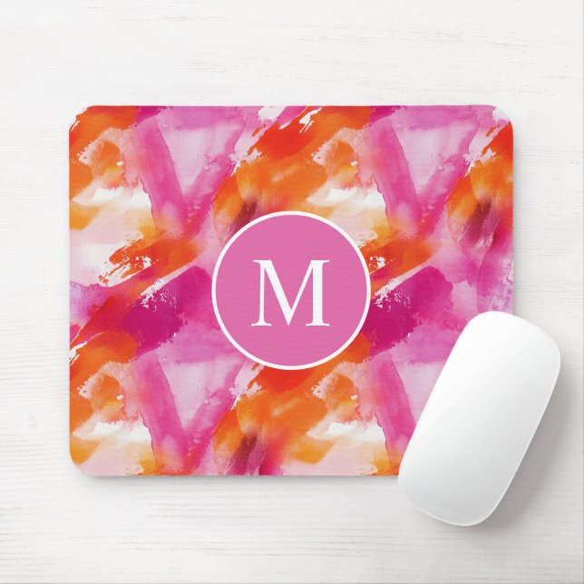 Monogram Watercolor Pink Orange Abstract Mouse Pad (With Mouse)