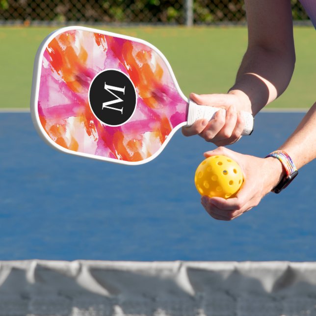 Monogram Watercolor Pink Orange Abstract Pickleball Paddle (Insitu)