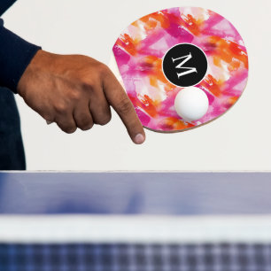 Monogram Watercolor Pink Orange Abstract Ping Pong Paddle