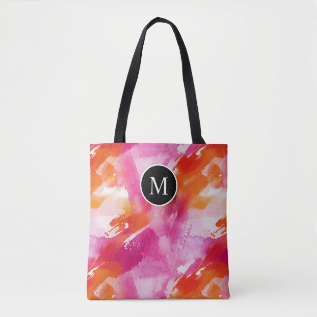 Monogram Watercolor Pink Orange Abstract Tote Bag (Front)