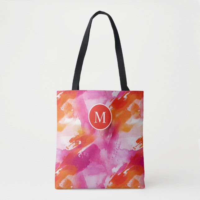 Monogram Watercolor Pink Orange Abstract Tote Bag (Front)