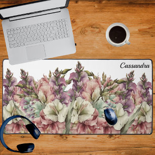 Monogram  Watercolor Pink Purple Wildflower  Desk Mat