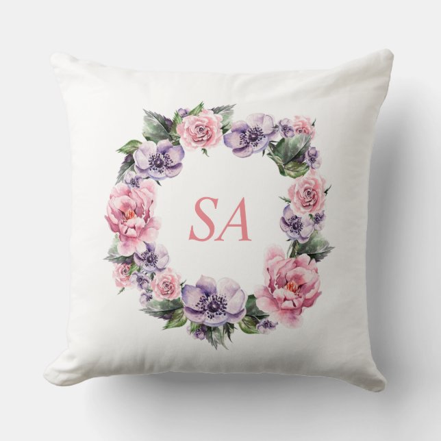 Monogram Watercolor Pink Purple Wreath Floral Cushion (Front)