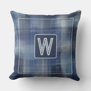 Monogram watercolor plaid blue navy grey tartan  cushion
