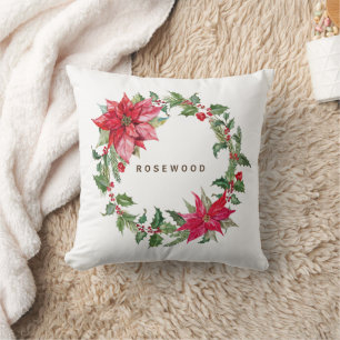 Monogram Watercolor Poinsettia Christmas Wreath Cushion