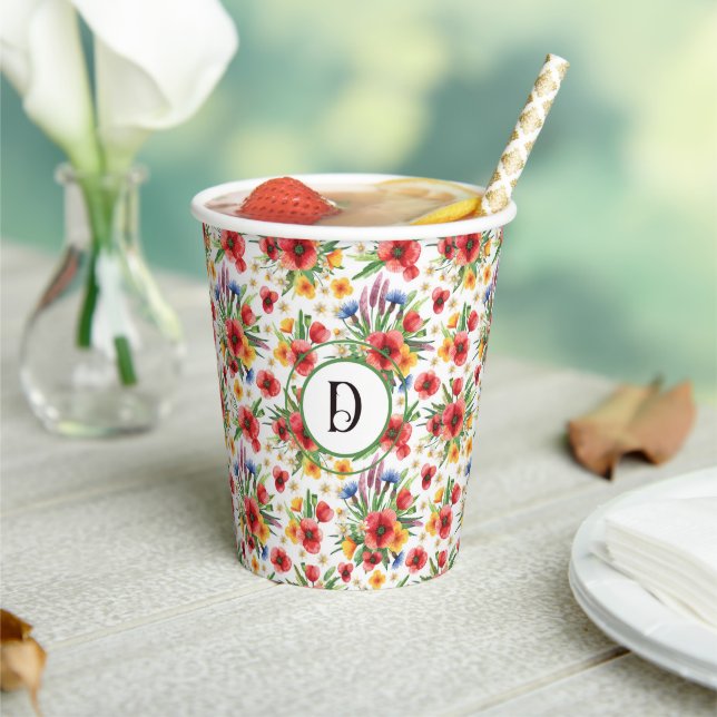 Monogram Watercolor Poppies Wildflowers Pattern Paper Cups (Insitu)