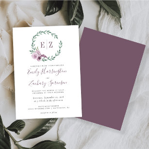 Monogram Watercolor Purple Floral Wreath Wedding Invitation