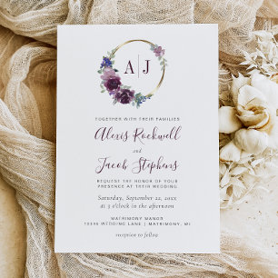 Monogram Watercolor Purple Floral Wreath Wedding Invitation