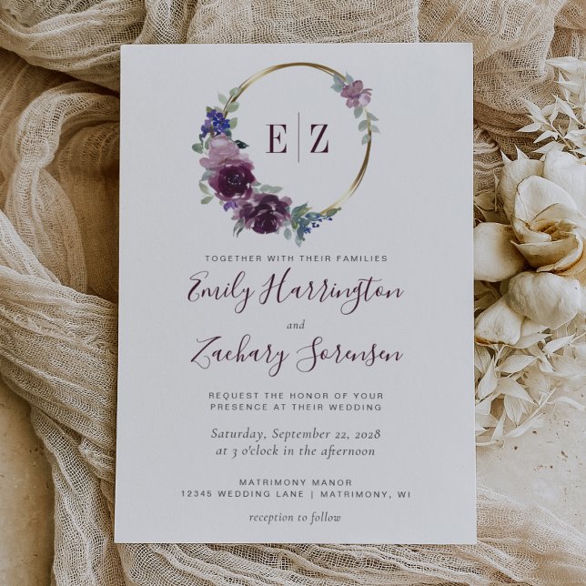 Monogram Watercolor Purple Floral Wreath Wedding Invitation (Creator Uploaded)