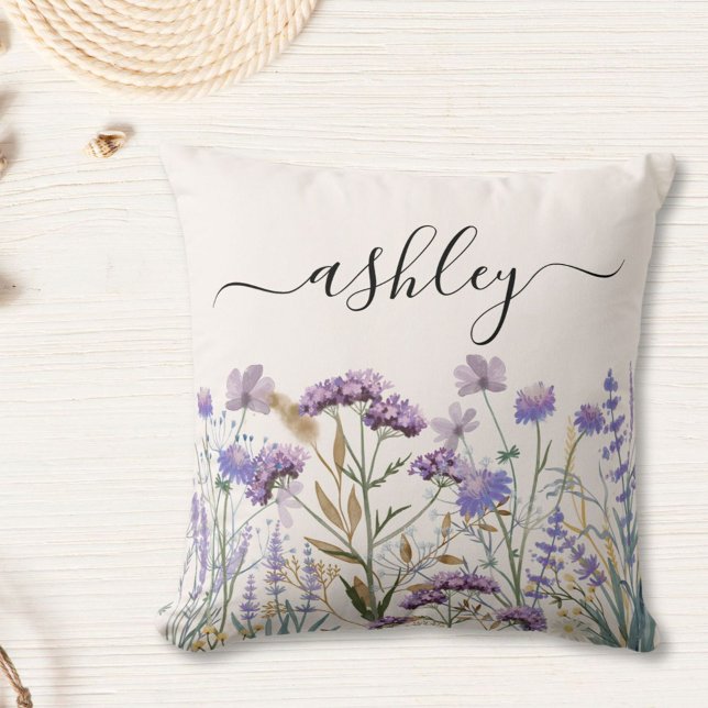 Monogram Watercolor Purple Wildflower Meadow Cushion (In situ)