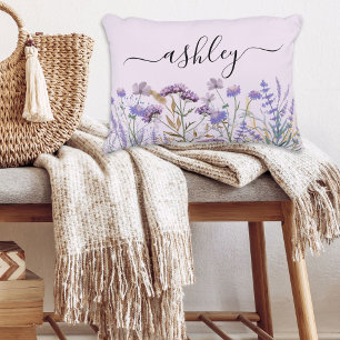 Monogram Watercolor Purple Wildflower Meadow Decorative Cushion