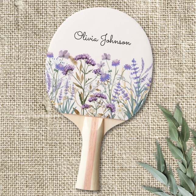 Monogram Watercolor Purple Wildflower Meadow Ping Pong Paddle (Close up)