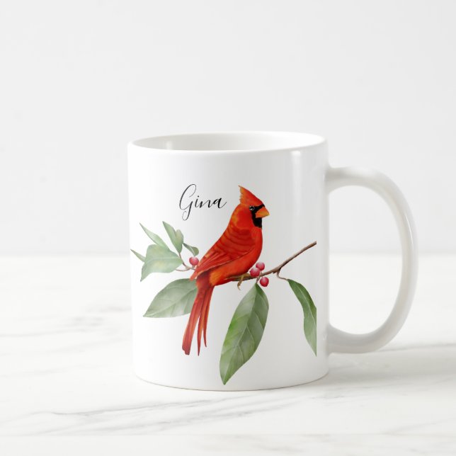 Monogram Watercolor Red Cardinal Bird Coffee Mug (Right)