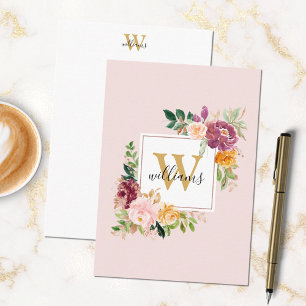 Monogram Watercolor Roses Gold Flower Floral Card