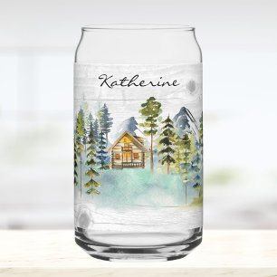Monogram Watercolor Rustic Forest Mountain Cabin Can Glass