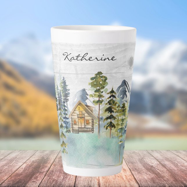 Monogram Watercolor Rustic Forest Mountain Cabin Latte Mug (In situ)