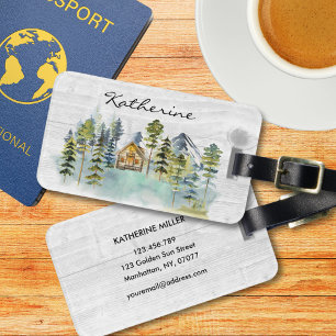 Monogram Watercolor Rustic Forest Mountain Cabin Luggage Tag