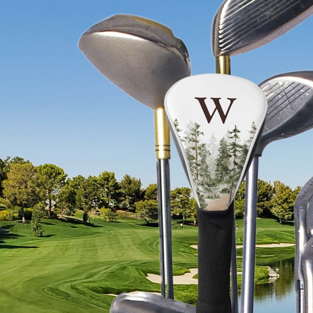 Monogram Watercolor Rustic Green Forest Golf Head Cover (In situ)