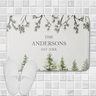 Monogram Watercolor Rustic Pine Trees and Branches Bath Mat