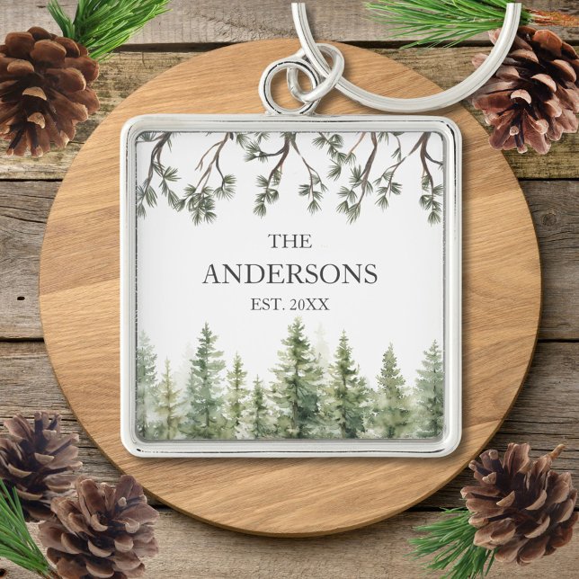 Monogram Watercolor Rustic Pine Trees and Branches Key Ring (In situ)