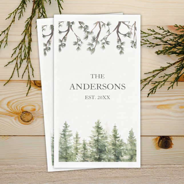 Monogram Watercolor Rustic Pine Trees and Branches Napkin (Creator Uploaded)