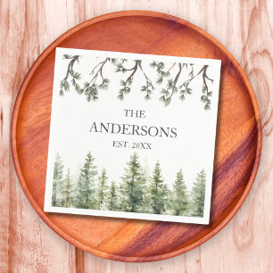 Monogram Watercolor Rustic Pine Trees and Branches Napkin