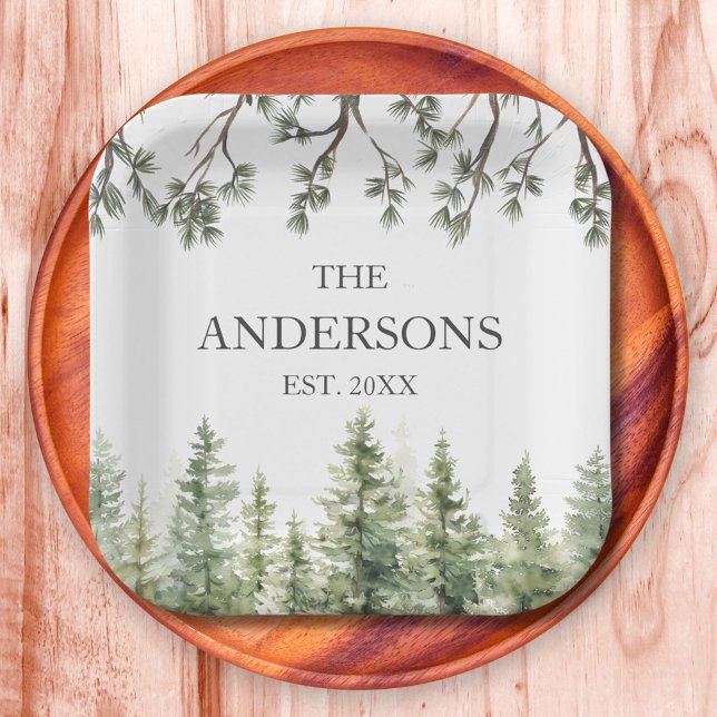 Monogram Watercolor Rustic Pine Trees and Branches Paper Plate (In situ)