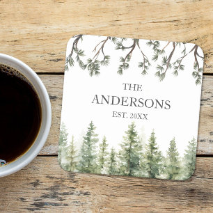 Monogram Watercolor Rustic Pine Trees and Branches Square Paper Coaster
