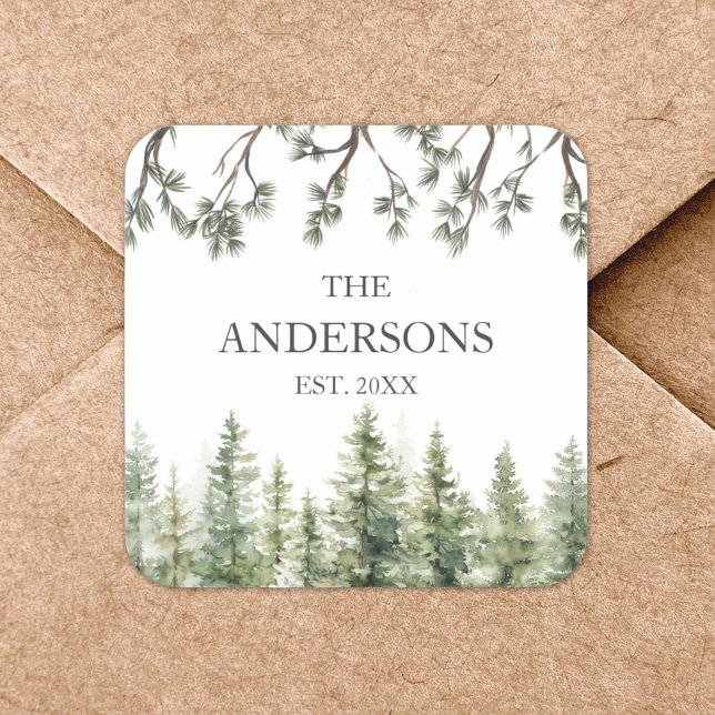Monogram Watercolor Rustic Pine Trees and Branches Square Sticker (In situ)