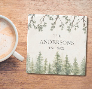 Monogram Watercolor Rustic Pine Trees and Branches Stone Coaster