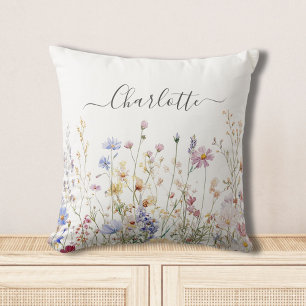 Monogram Watercolor Rustic Pretty Wildflower Field Cushion