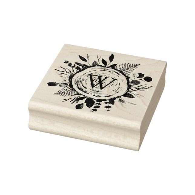 Monogram Watercolor Rustic Wood Slice and Foliage Rubber Stamp (Stamp)