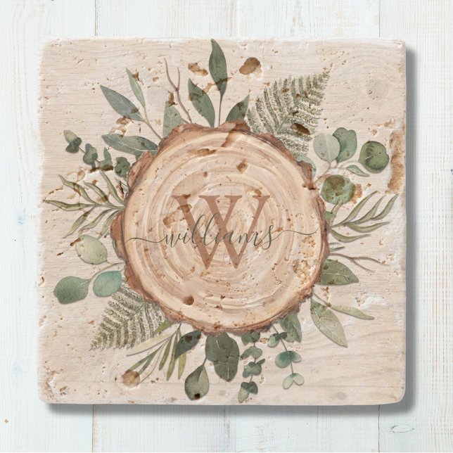 Monogram Watercolor Rustic Wood Slice and Foliage Stone Coaster (Creator Uploaded)