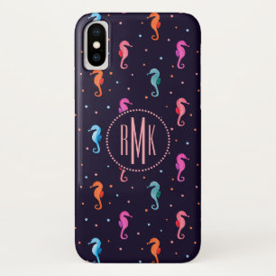 Monogram   Watercolor Seahorses on Navy Blue Case-Mate iPhone Case