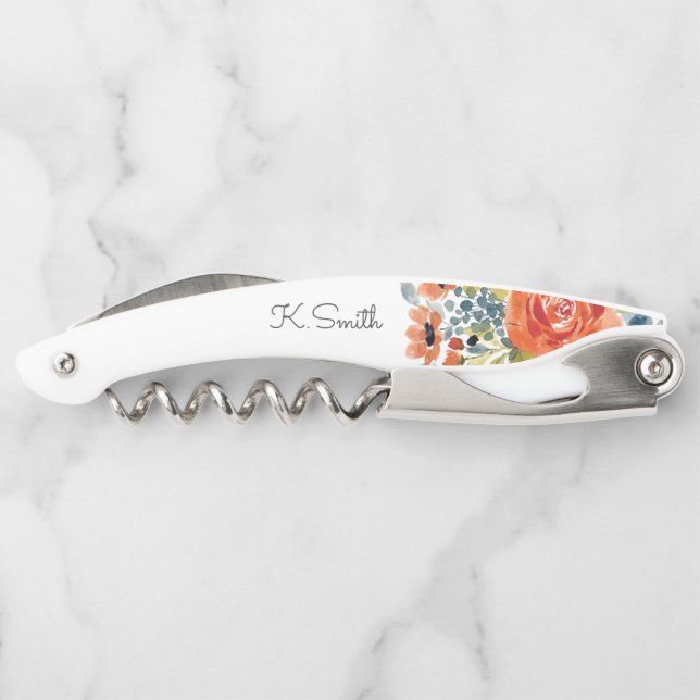 Monogram Watercolor Spring Flowers Corkscrew (Back)