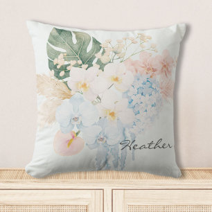 Monogram Watercolor Summer Flower Bouquet Floral Cushion
