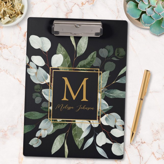 Monogram Watercolor Tropical Eucalyptus Black Clipboard (In situ)