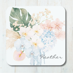 Monogram Watercolor Tropical Flower Bouquet Floral Coaster