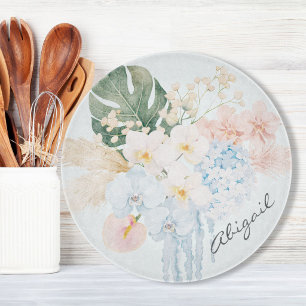 Monogram Watercolor Tropical Flower Bouquet Floral Cutting Board