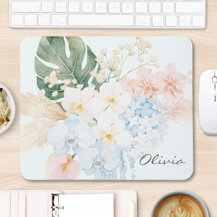 Monogram Watercolor Tropical Flower Bouquet Floral Mouse Pad