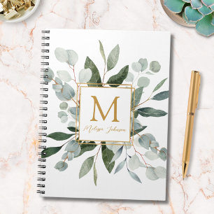 Monogram Watercolor Tropical Green Eucalyptus Notebook