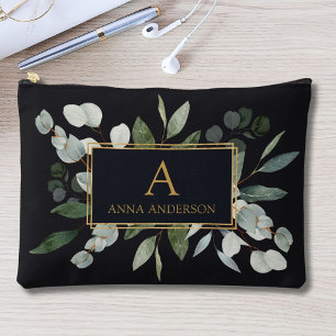 Monogram Watercolor Tropical Green Leaves Accessory Pouch