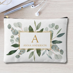 Monogram Watercolor Tropical Green Leaves Accessory Pouch