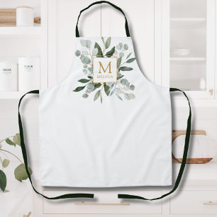 Monogram Watercolor Tropical Green Leaves Apron